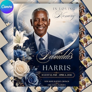 Puede incluir: Una plantilla de programa funerario con el retrato de un hombre mayor con traje y corbata, rodeado de lirios blancos y rosas azules. El texto dice In Loving Memory, Daviddi's Harris, 12 de agosto de 1948 - 6 de abril de 2026, y New Hope Baptist Church.