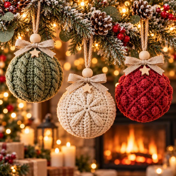 Crochet Christmas Bauble Pattern Bundle,3 Ornament Designs,Cable Knit Crochet Balls,Tree Decorations,Holiday PDF Instant Download