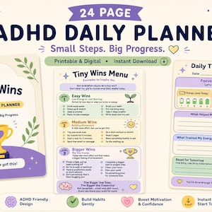 Agenda giornaliera per persone con ADHD / Diario di produttività "Piccole vittorie" (Download digitale)
