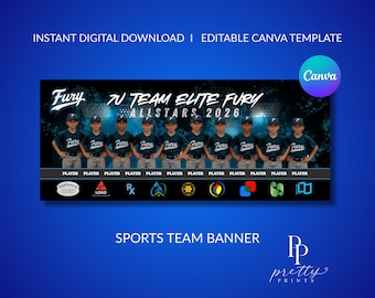 May include: A digital sports team banner template featuring a group of ten baseball players in dark uniforms. The text reads 7U TEAM ELITE FURY ALLSTARS 2026. The design includes a row of placeholder sponsor logos at the bottom and a blue background.