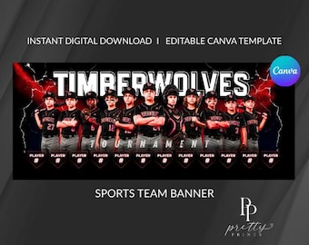 May include: A digital sports team banner template featuring the text TIMBERWOLVES in bold white letters. The design displays a group of baseball players in black uniforms against a red lightning background, with placeholders for player numbers.