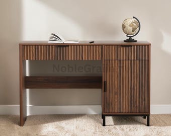 Fluted Executive Desk | Modern Wood Office Desk Charging Station Drawer Cabinet Computer Workstation