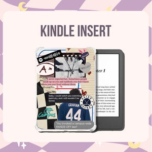 May include: A Kindle insert featuring a collage of images and text, including a Spotify code, an A+ grade, a hockey player in a jersey with the number 44, a checkered pattern, and quotes such as 'You invoked a campus-wide HANDS OFF law?'