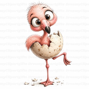 May include: A digital illustration of a fluffy, light pink baby flamingo hatching from a speckled, cream-colored egg. The bird has large, expressive brown eyes, long eyelashes, and a dark-tipped beak, standing on one leg with shell fragments.
