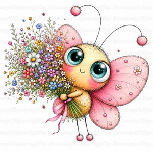 May include: A cartoon illustration of a yellow creature with large blue eyes and pink wings holding a large bouquet of colorful wildflowers. The creature has two antennae with pink spheres at the ends and thin black legs with pink feet.