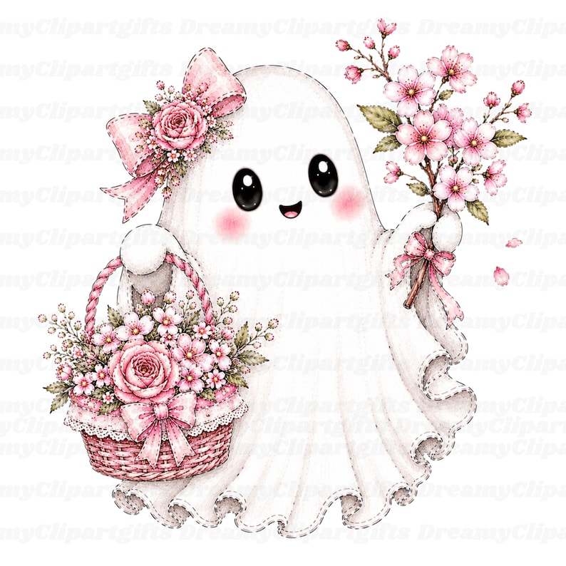 May include: A white ghost illustration featuring large black eyes, pink cheeks, and a smiling mouth. The ghost wears a pink bow on its head, holds a woven basket filled with pink roses and cherry blossoms, and carries a branch of pink cherry blossoms.
