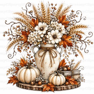 May include: A decorative arrangement featuring a cream-coloured ceramic vase with two handles and twine, filled with wheat stalks, white flowers, and orange autumn leaves. Two white pumpkins, acorns, and stacked books sit on a wooden base.