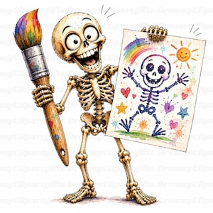 May include: A cartoon skeleton with a wide, happy expression holding a large paintbrush with colourful bristles in one hand and a rectangular drawing in the other. The drawing features a smaller skeleton, a rainbow, a sun, hearts, and stars.