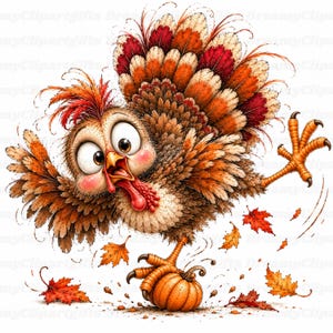 May include: A cartoon turkey with wide eyes and a surprised expression, featuring brown and red feathers, standing on one foot atop a small orange pumpkin, surrounded by scattered autumn leaves in shades of red, orange, and yellow.