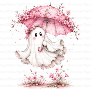 May include: A white ghost with rosy cheeks holding a pink umbrella decorated with cherry blossoms. The ghost has a ruffled hem and is positioned above a patch of pink flowers. The umbrella features a pink bow and delicate floral accents.