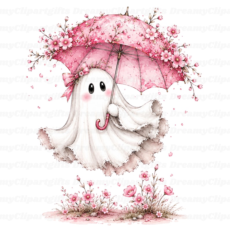 May include: A white ghost with rosy cheeks holding a pink umbrella decorated with cherry blossoms. The ghost has a ruffled hem and is positioned above a patch of pink flowers. The umbrella features a pink bow and delicate floral accents.