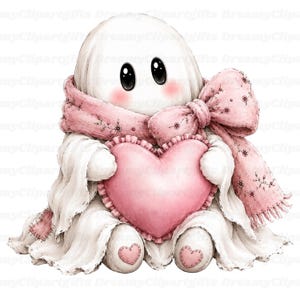 May include: A white ghost character with large black eyes and pink cheeks, wearing a pink scarf with a floral pattern and a large bow. The ghost is holding a large, pink, heart-shaped pillow with a ruffled edge and has small pink hearts on its feet.