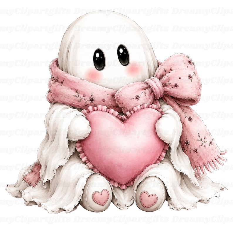 May include: A white ghost character with large black eyes and pink cheeks, wearing a pink scarf with a floral pattern and a large bow. The ghost is holding a large, pink, heart-shaped pillow with a ruffled edge and has small pink hearts on its feet.