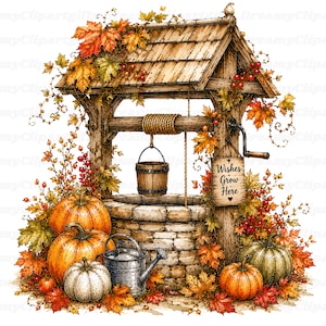 May include: A stone wishing well with a wooden roof, a hanging bucket, and a crank handle. A sign reads Wishes Grow Here. The well is surrounded by orange and green pumpkins, autumn maple leaves, red berries, and a silver metal watering can.