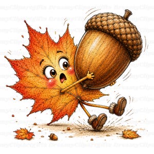 May include: A cartoon illustration of an orange and yellow maple leaf character with a surprised expression, carrying a large brown textured acorn. The leaf character has thin arms and legs, wearing brown boots, with small leaves and acorns below.