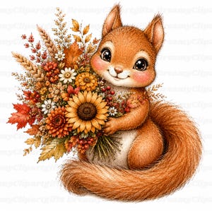 Puede incluir: Una ardilla marrón con grandes ojos oscuros y mejillas rosadas que sostiene un gran ramo de flores de otoño, incluyendo un girasol amarillo, crisantemos naranjas, margaritas blancas, bayas rojas, tallos de trigo y hojas de arce.