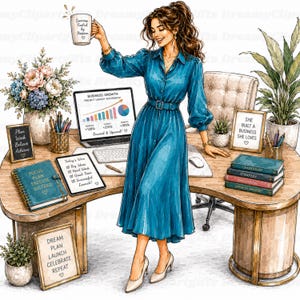Peut inclure: Une illustration numérique d'une personne en robe bleue debout à un bureau avec un ordinateur portable affichant des graphiques de croissance, une tasse marquée Success Fueled by Passion, un carnet, une tablette et des livres.