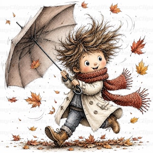 Peut inclure: Une illustration de dessin animé représentant un enfant aux cheveux bruns ébouriffés courant parmi des feuilles d'automne. L'enfant porte un trench-coat beige, un jean bleu, des bottes marron et une écharpe rouge texturée, tenant un grand parapluie.