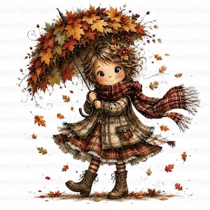 Peut inclure: Une illustration de dessin animé représentant un enfant portant un manteau à carreaux, une écharpe assortie et des bottes à lacets marron. L'enfant tient un parapluie recouvert de feuilles d'érable automnales orange, rouges et jaunes.