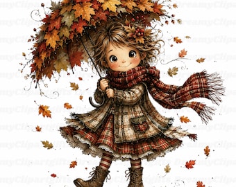 35 Fall Girl Clipart Whimsical Cozy Autumn Harvest Pumpkins Spice and Fall Leaves Rustic Farm Cottagecore Women Fashion Lady Little Girl PNG
