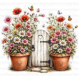 May include: A small arched wooden door with a heart-shaped cutout, flanked by two terracotta pots filled with colorful poppies, daisies, and cosmos flowers. Several butterflies are depicted flying around the floral arrangements.