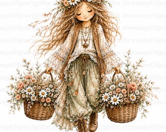 36 Chica bohemia de primavera, mariposa peculiar, niña de flores PNG, niña caprichosa de jardín, arte infantil, ilustración, acuarela, retratos florales femeninos