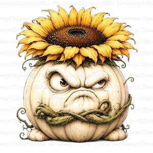 May include: A white pumpkin with a grumpy facial expression, featuring furrowed brows and a mouth formed by twisted green vines. A large, vibrant yellow sunflower with a dark brown center sits atop the pumpkin, which has small vine tendrils.