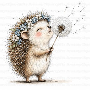 May include: A brown and white hedgehog illustration featuring a floral crown of blue and white flowers. The hedgehog has pink cheeks, closed eyes, and holds a dandelion with seeds blowing away. The text myClipartGifts is visible.
