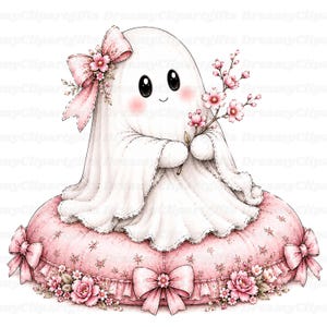 May include: A white ghost illustration with large black eyes and pink cheeks, wearing a pink bow with small flowers. The ghost holds a branch of pink cherry blossoms and sits on a round, tufted pink cushion decorated with bows and floral patterns.