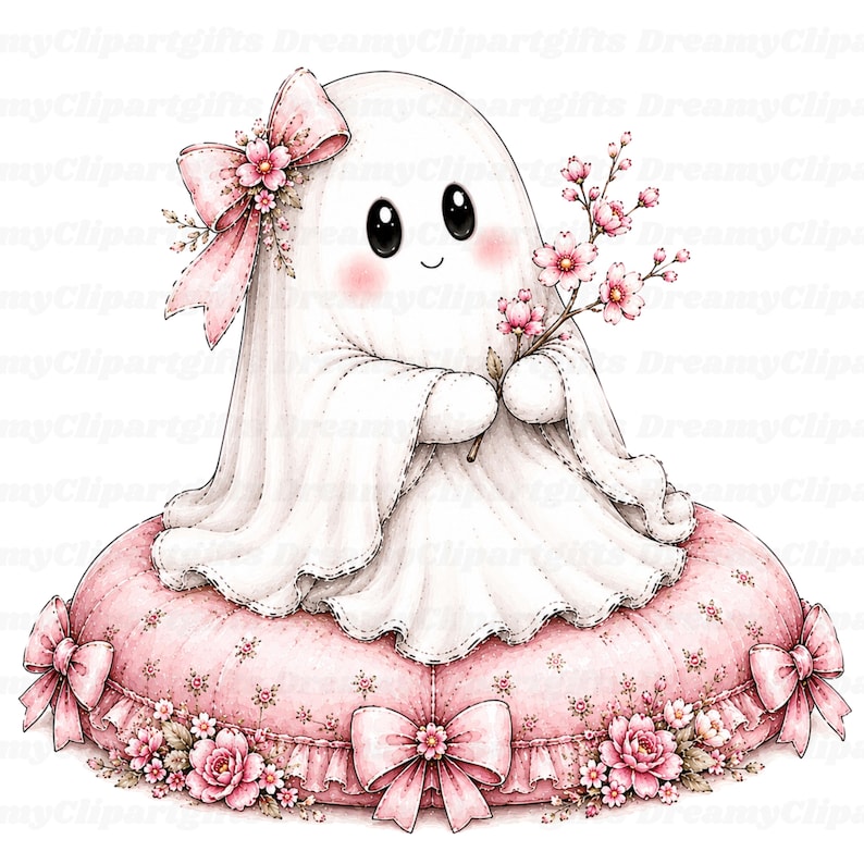 May include: A white ghost illustration with large black eyes and pink cheeks, wearing a pink bow with small flowers. The ghost holds a branch of pink cherry blossoms and sits on a round, tufted pink cushion decorated with bows and floral patterns.