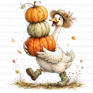 May include: A white goose wearing a straw hat adorned with flowers and green polka-dot rain boots, carrying a stack of three pumpkins. The pumpkins are orange and pale green. The illustration includes scattered autumn leaves and small wildflowers.