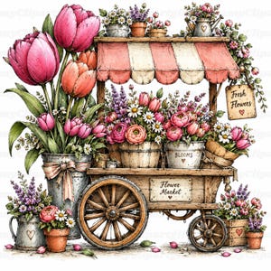 May include: A wooden flower market cart with a striped pink and white awning, featuring various potted flowers including pink tulips, daisies, and lavender. A sign reads Fresh Flowers and another reads Flower Market. Metal buckets and wooden crates hold the plants.