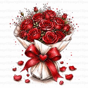 May include: A bouquet of deep red roses wrapped in beige paper with a large red ribbon tied in a bow featuring a small heart-shaped centre accent. Several loose red rose petals are scattered around the base of the floral arrangement.