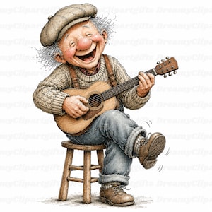 Puede incluir: Una ilustración de dibujos animados de una persona mayor con cabello blanco que lleva una gorra beige, un suéter de punto trenzado y jeans azules, sentada en un taburete de madera mientras toca una guitarra acústica marrón con alegría.