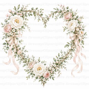 May include: A heart-shaped floral wreath composed of white and pale pink peonies, small white blossoms, and green foliage. The arrangement features two flowing light pink ribbons tied on the sides, creating a symmetrical botanical design.