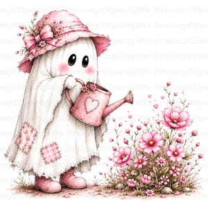May include: A white ghost character wearing a pink sun hat with a bow and pink boots, holding a pink watering can with a heart design. The ghost is watering a cluster of pink flowers with small floating hearts against a white background.