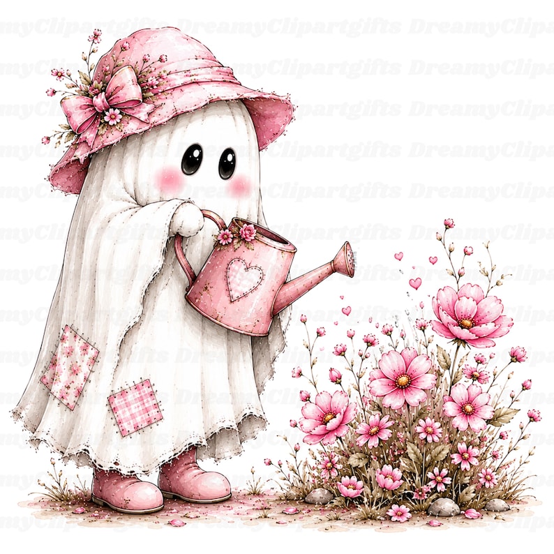May include: A white ghost character wearing a pink sun hat with a bow and pink boots, holding a pink watering can with a heart design. The ghost is watering a cluster of pink flowers with small floating hearts against a white background.