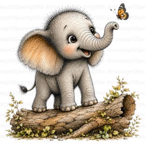 Könnte beinhalten: Ein graues Elefantenbaby mit großen Ohren und rosigen Wangen, das auf einem strukturierten braunen Baumstamm steht. Der Elefant hat seinen Rüssel in Richtung eines kleinen orange-schwarzen Schmetterlings erhoben. Grüne Blätter und Ranken umgeben den Stamm.