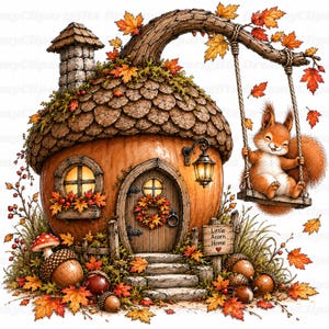 Könnte beinhalten: Ein kürbisförmiges Haus mit einem Dach aus Eicheln, einem Steinkamin und einer Holztür mit Kranz. Ein Eichhörnchen sitzt auf einer Schaukel an einem Ast. Die Szene enthält Herbstblätter, einen Pilz und ein Schild mit der Aufschrift Little Acorn Home.
