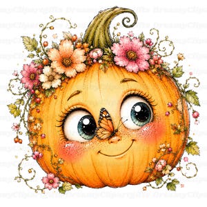 Puede incluir: Una ilustraci&oacute;n de una calabaza naranja redonda con cara sonriente, ojos azules grandes y una mariposa monarca en la nariz. La calabaza est&aacute; adornada con una corona de flores rosas y blancas, hojas verdes y zarcillos sobre un fondo blanco.