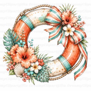 May include: A life preserver ring decorated with orange and white segments, wrapped in a rope, and adorned with tropical hibiscus flowers, plumeria, monstera leaves, a seashell, and a striped ribbon bow in shades of coral, teal, and white.