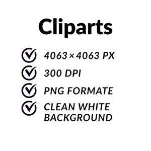 May include: A digital graphic featuring the word Cliparts in bold black text, followed by four bullet points each marked with a black checkmark. The text lists 4063 x 4063 PX, 300 DPI, PNG FORMATE, and CLEAN WHITE BACKGROUND in black capital letters.