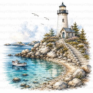 May include: A watercolor illustration of a stone lighthouse on a rocky cliffside with a small boat floating in the blue water below. A stone staircase leads up the hill to the lighthouse, surrounded by green trees and three flying seagulls.