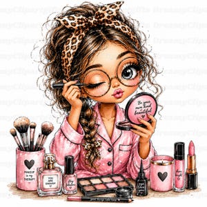 May include: A digital illustration of a person with brown hair in a leopard print headband, wearing round glasses and pink pyjamas, applying eyeliner. The scene includes makeup brushes, a palette, perfume, lipstick, and a candle with text.