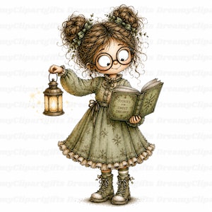 Pode incluir: Uma ilustração de desenho animado de uma criança com cabelo castanho em dois coques, usando óculos redondos e um vestido verde sálvia com padrão de flocos de neve. A criança segura uma lanterna acesa e um livro aberto intitulado Stories for Sweet Dreams.