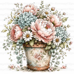 May include: A floral arrangement in a weathered, speckled ceramic pot featuring large pale pink peonies, light blue hydrangea clusters, and white daisies with yellow centres, accented by green foliage and trailing stems on a white background.