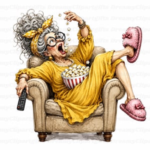Puede incluir: Una ilustración de una persona mayor con cabello gris y pañuelo amarillo, usando gafas redondas y un vestido amarillo, sentada en un sillón beige. Come palomitas de un cuenco a rayas, sostiene un mando negro y lleva zapatillas de estar por casa rosas.