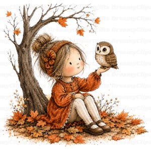 May include: A digital illustration of a child with a high bun and a rust-coloured headband, wearing a long-sleeved orange dress and white tights, sitting under a bare tree. The child holds a small brown owl, surrounded by fallen autumn leaves.