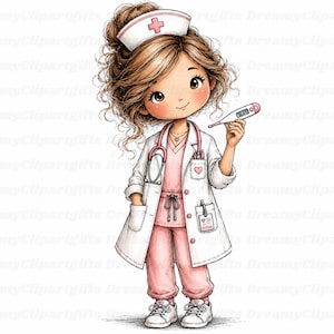 Peut inclure: Une illustration de dessin animé représentant une infirmière aux cheveux bruns en chignon, portant une toque blanche avec une croix rose, une blouse blanche et un ensemble de gommage rose. Un stéthoscope est autour du cou et un thermomètre.