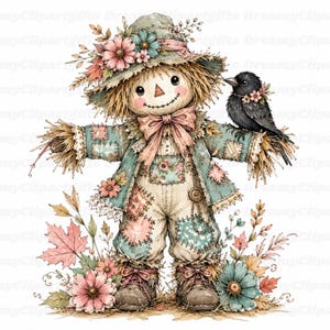 May include: A scarecrow illustration featuring a straw-filled figure in a patchwork outfit with floral patterns, a wide-brimmed hat adorned with flowers, and a black bird perched on one arm, surrounded by autumn leaves and colorful blossoms.